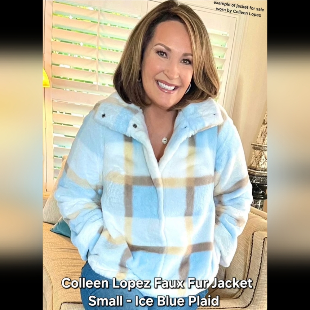 Small Colleen Lopez Faux Fur Jacket In Ice Blue Plaid- Soft, Warm & Breathable